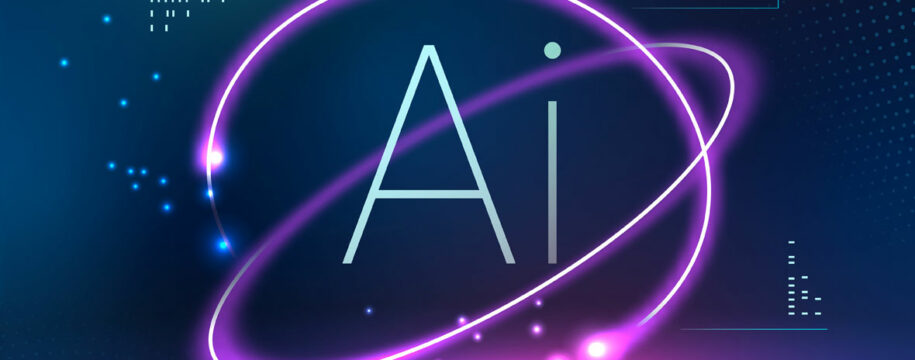 Graphique stylisé avec le texte 'Ai' entouré par un anneau lumineux sur fond technologique bleu.