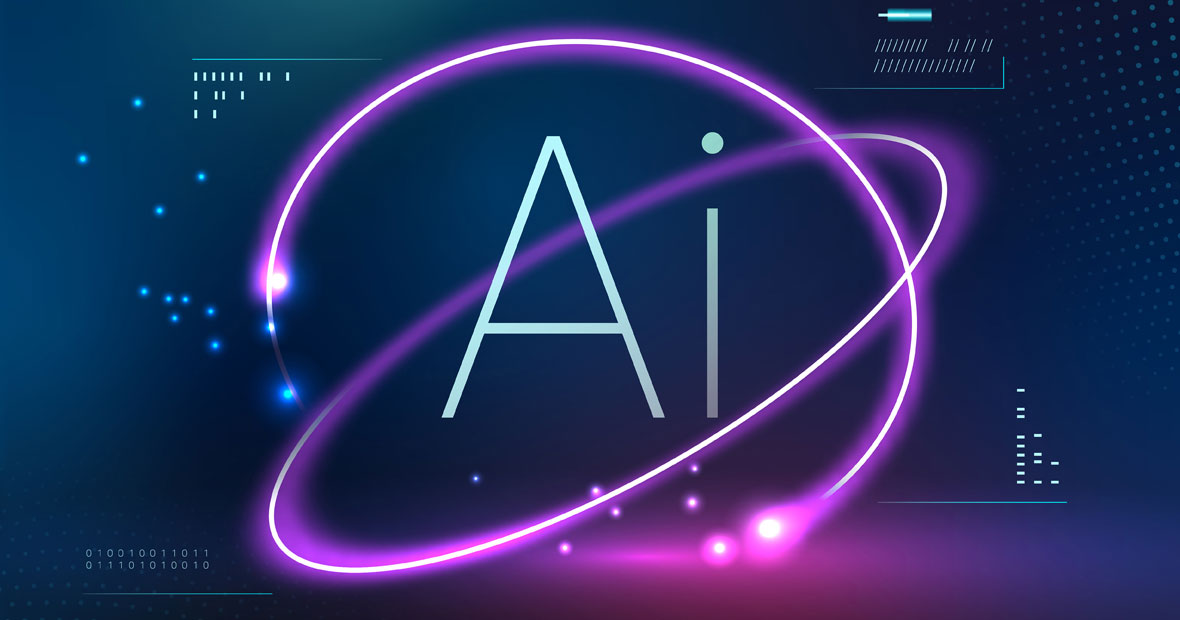 Graphique stylisé avec le texte 'Ai' entouré par un anneau lumineux sur fond technologique bleu.