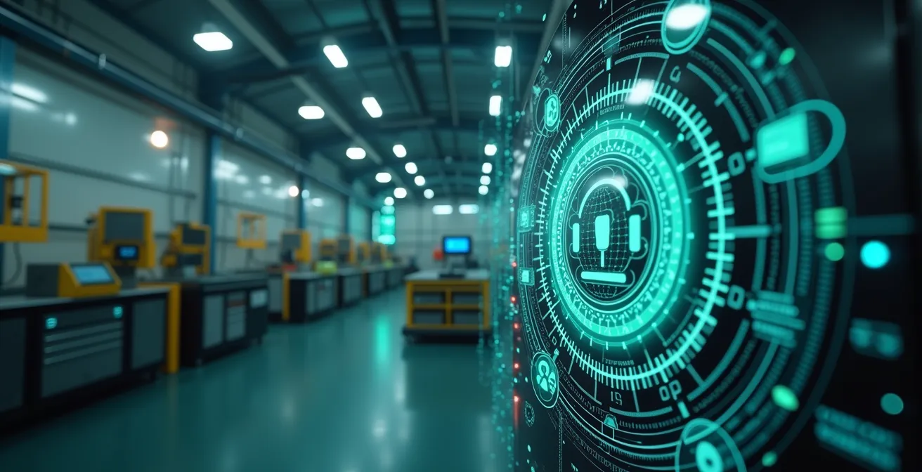 Illustration montrant l'impact de l'IA, la cybersécurité et la transition écologique sur les métiers industriels modernes