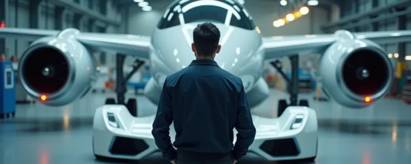 Une image représentant des secteurs industriels d'avenir avec des éléments symboliques de l'aéronautique et de l'automobile, illustrant la carrière d'ingénieur