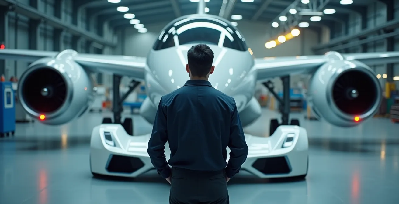 Une image représentant des secteurs industriels d'avenir avec des éléments symboliques de l'aéronautique et de l'automobile, illustrant la carrière d'ingénieur