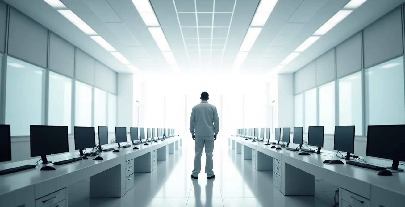 Vue large d'un technicien solitaire dans un centre de contrôle épuré avec multiples écrans éteints