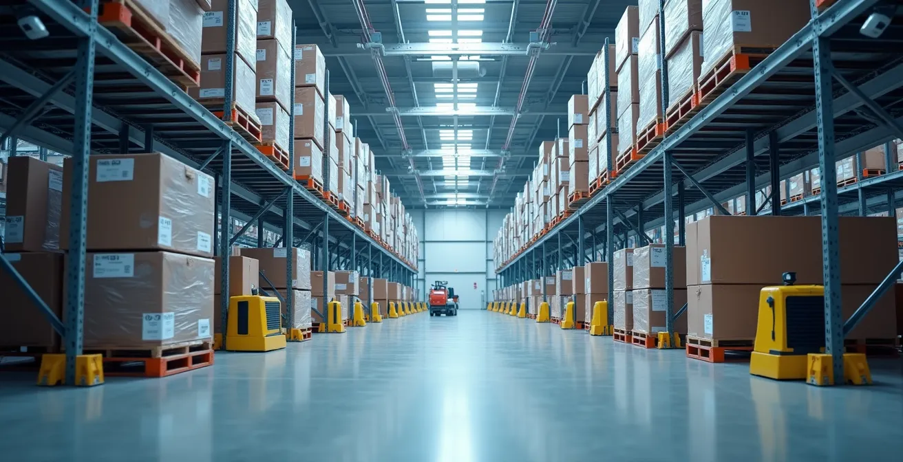 Vue d'ensemble d'un entrepôt automatisé avec systèmes de sécurité intégrés