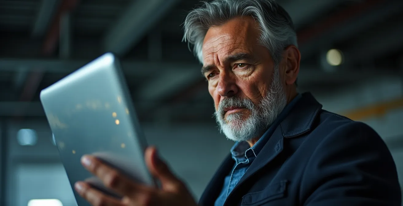 Expert en sûreté analysant des données sur tablette dans un environnement industriel