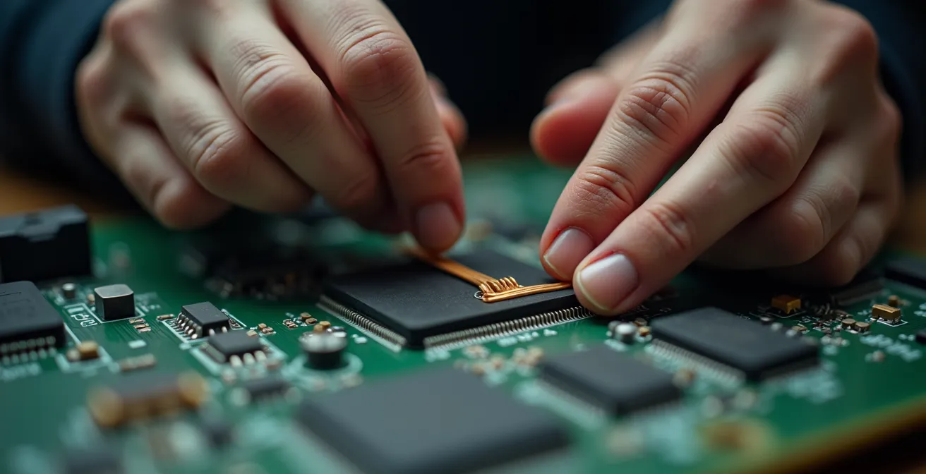 Mains expertes manipulant des composants électroniques de sécurité
