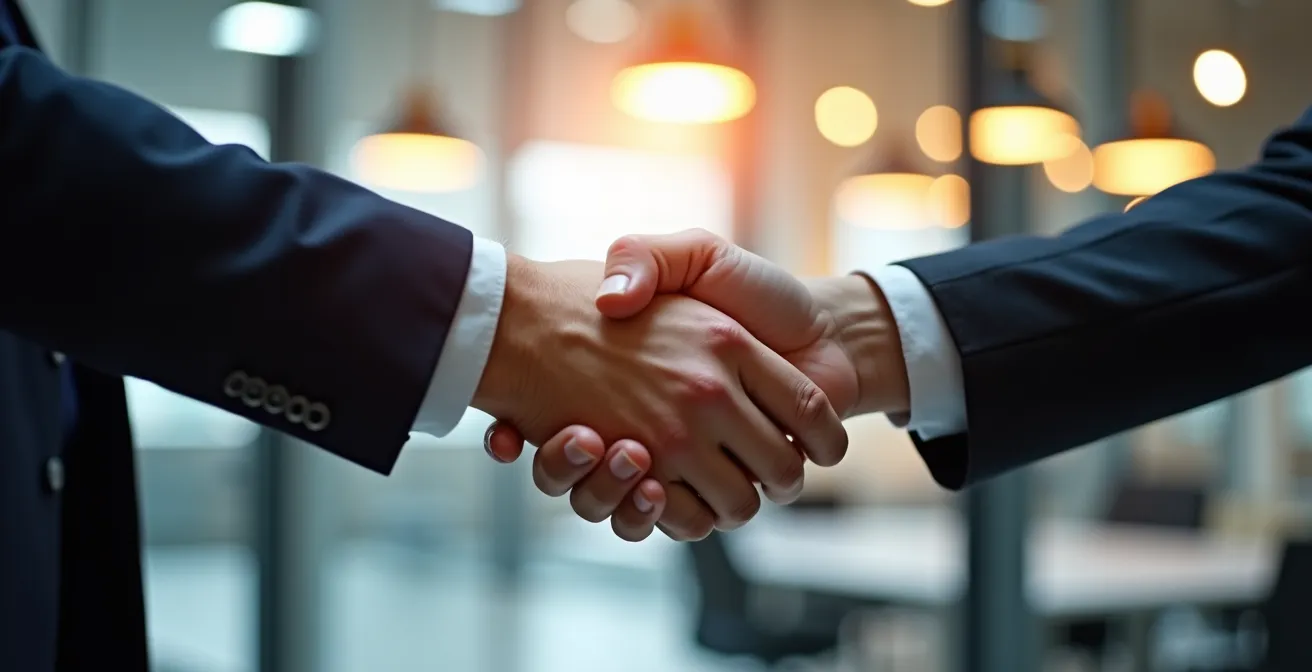 Poignée de main professionnelle symbolisant la signature d'un contrat