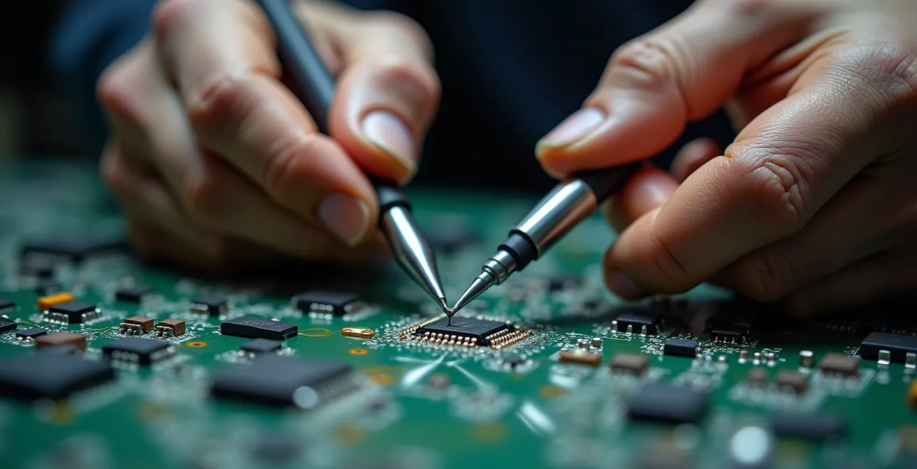 Gros plan sur les mains d'un technicien manipulant des outils de diagnostic électronique