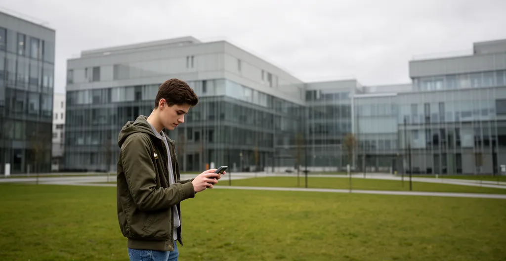 Étudiant consultant son smartphone devant un bâtiment du parc d'activité Techn'hom à Belfort