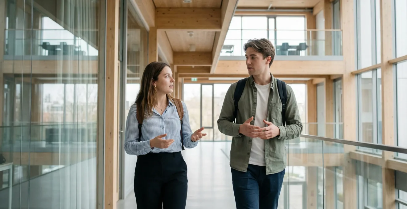 Deux étudiants discutent en marchant dans un campus moderne d'école de commerce à Belfort
