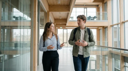Deux étudiants discutent en marchant dans un campus moderne d'école de commerce à Belfort