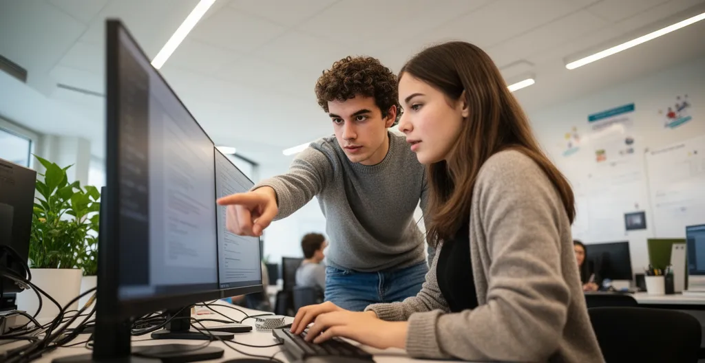 Deux étudiants collaborent sur un écran dans un espace de coworking du campus à Belfort