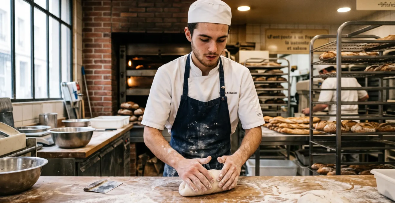 Young apprentice shaping dough in a professional bakery workshop