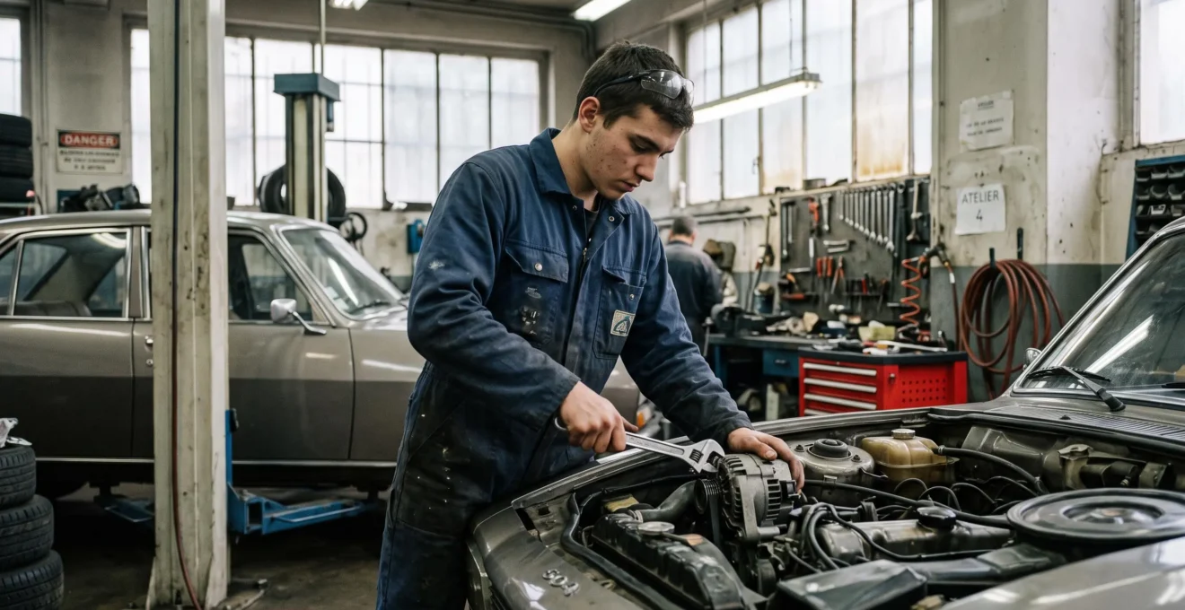 Young apprentice performing automotive maintenance in a professional garage workshop