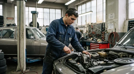 Young apprentice performing automotive maintenance in a professional garage workshop