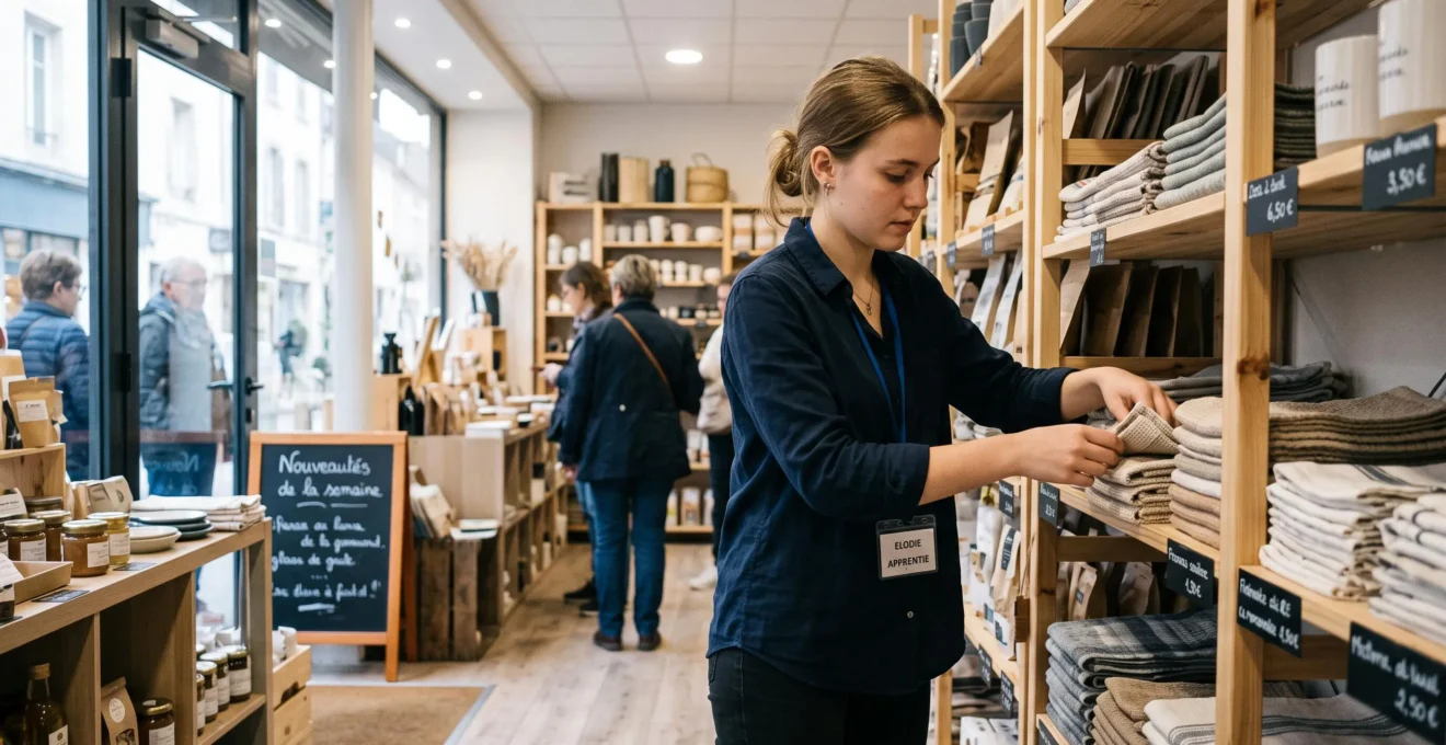 Young female apprentice organizing merchandise in a retail store