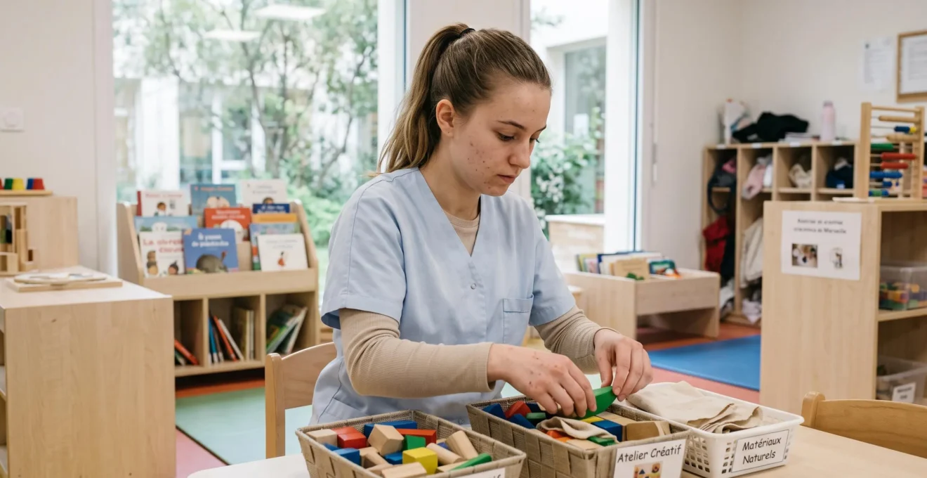 Young female apprentice working in a healthcare or childcare facility