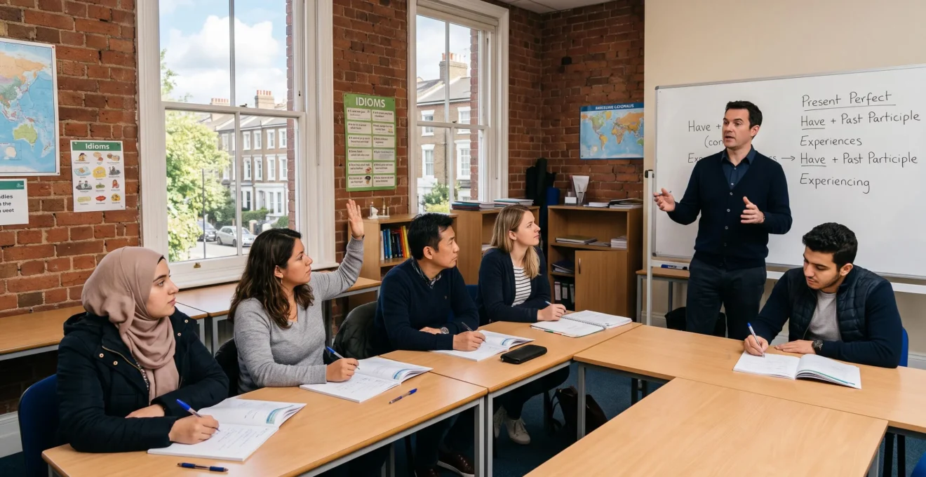 Un enseignant anime un cours d'anglais devant un petit groupe d'adultes internationaux dans une salle de classe lumineuse aux murs en briques.