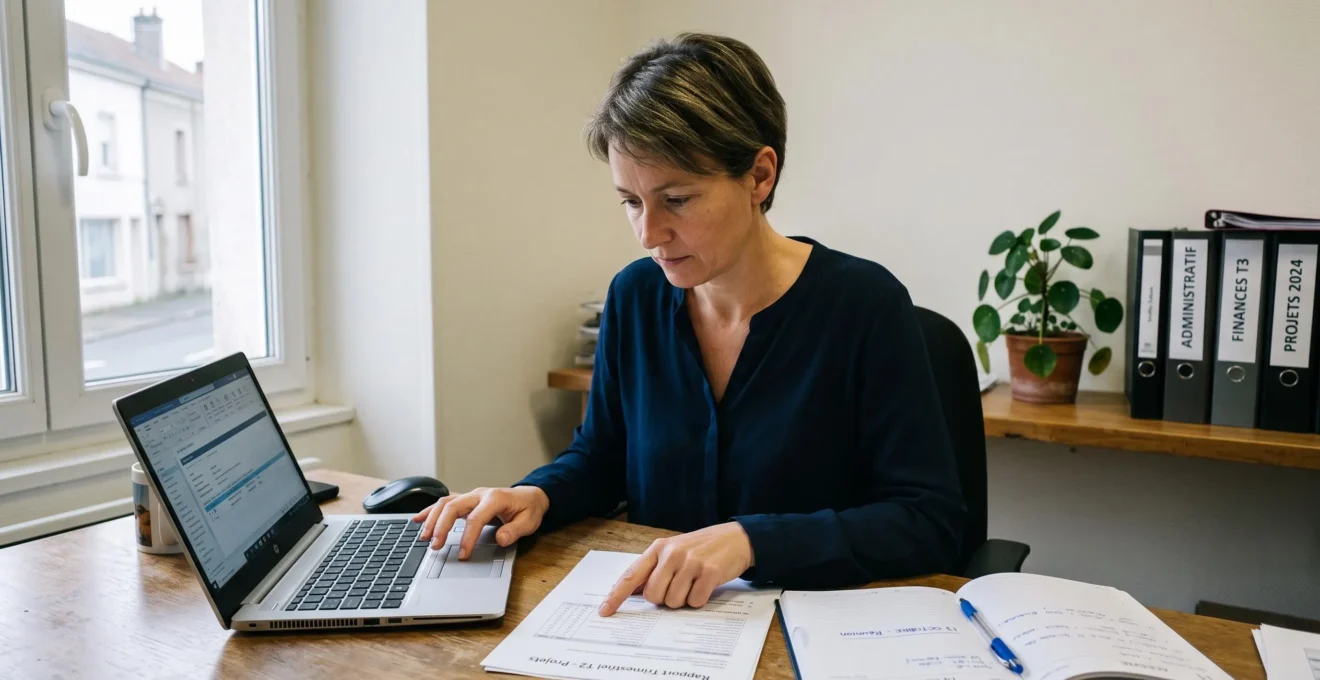 Une dirigeante d'entreprise assise à son bureau examine un document administratif, un ordinateur portable ouvert devant elle, avant de flécher le solde de sa taxe d'apprentissage.