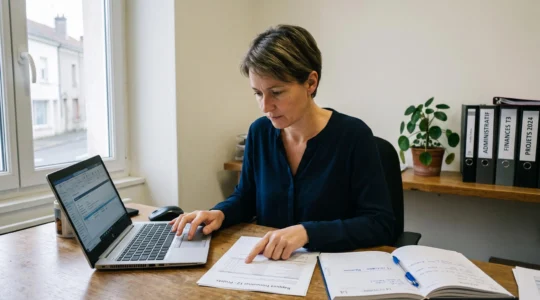 Une dirigeante d'entreprise assise à son bureau examine un document administratif, un ordinateur portable ouvert devant elle, avant de flécher le solde de sa taxe d'apprentissage.