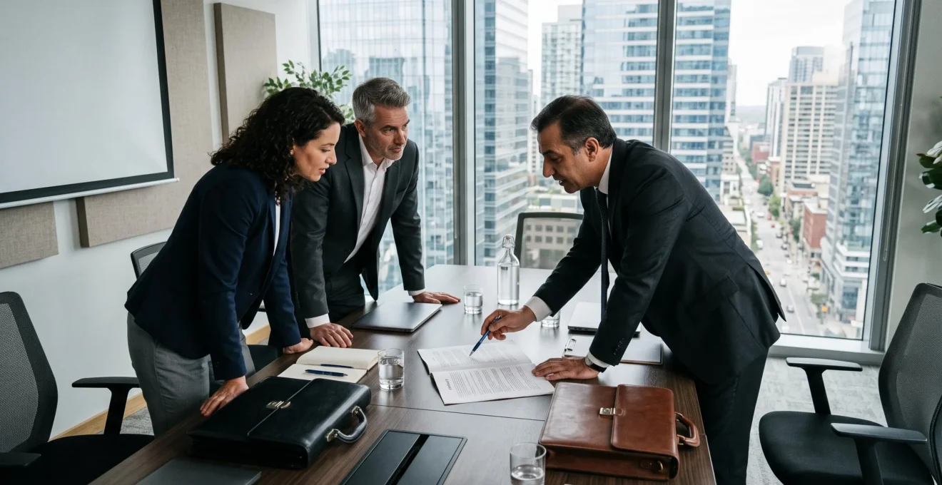 Deux professionnels et un interlocuteur étranger examinent ensemble un contrat lors d'une négociation commerciale internationale.