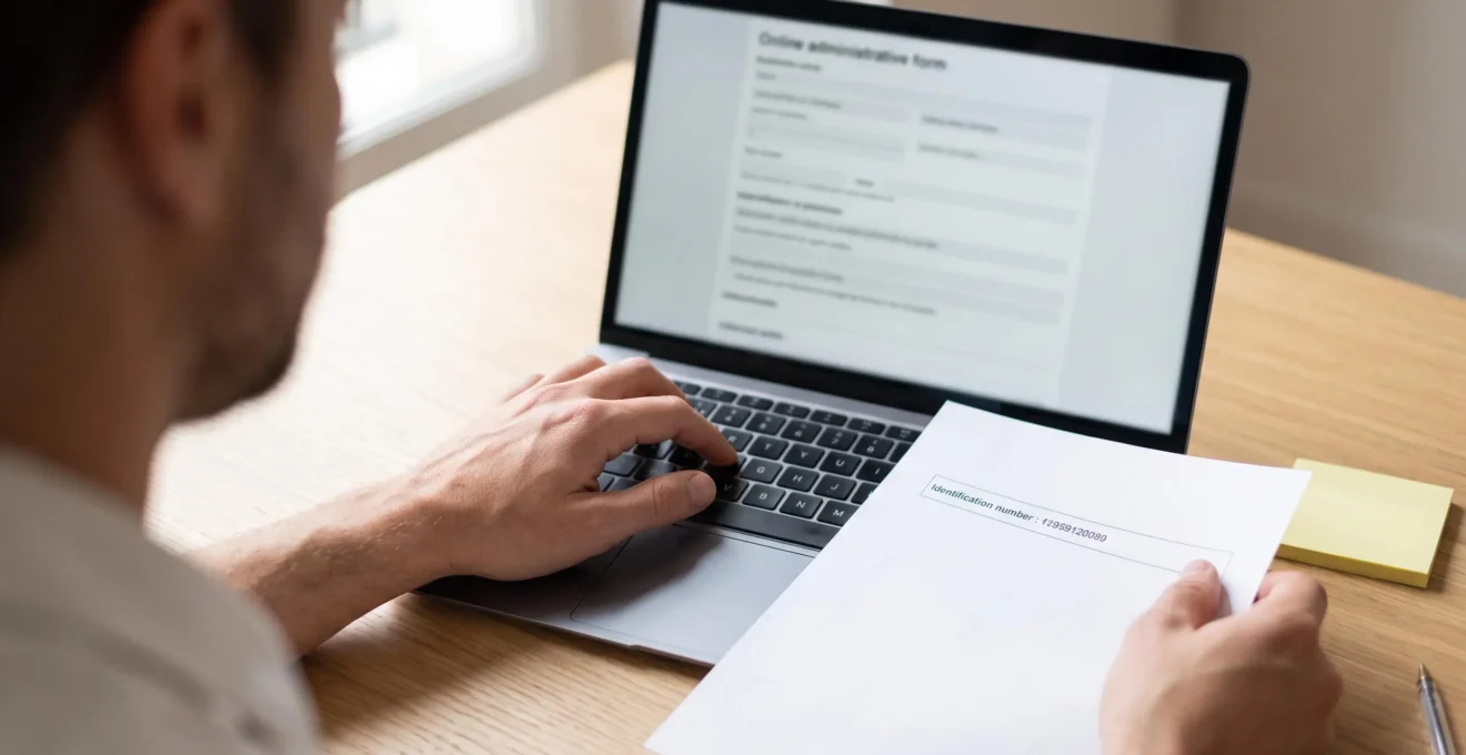 Gros plan sur les mains d'une personne saisissant des informations d'après un document papier dans un formulaire en ligne sur un ordinateur portable.