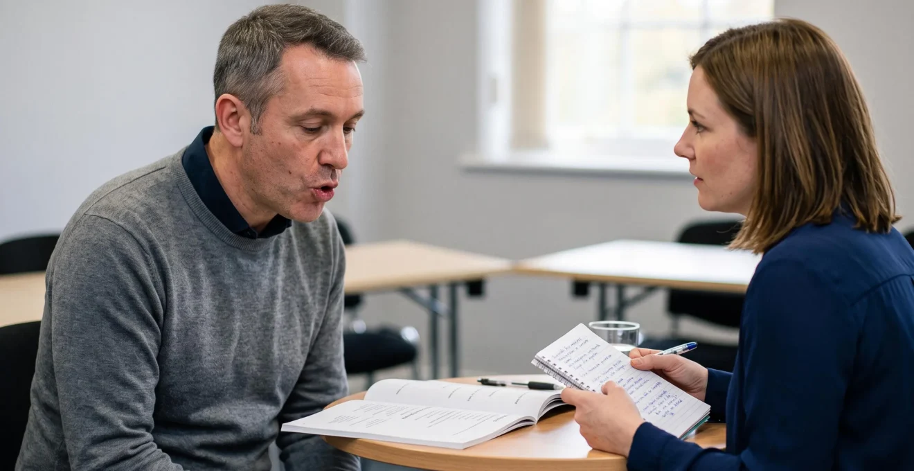 Un professionnel s'exerce à l'oral en anglais avec une formatrice prenant des notes lors d'une séance individuelle.