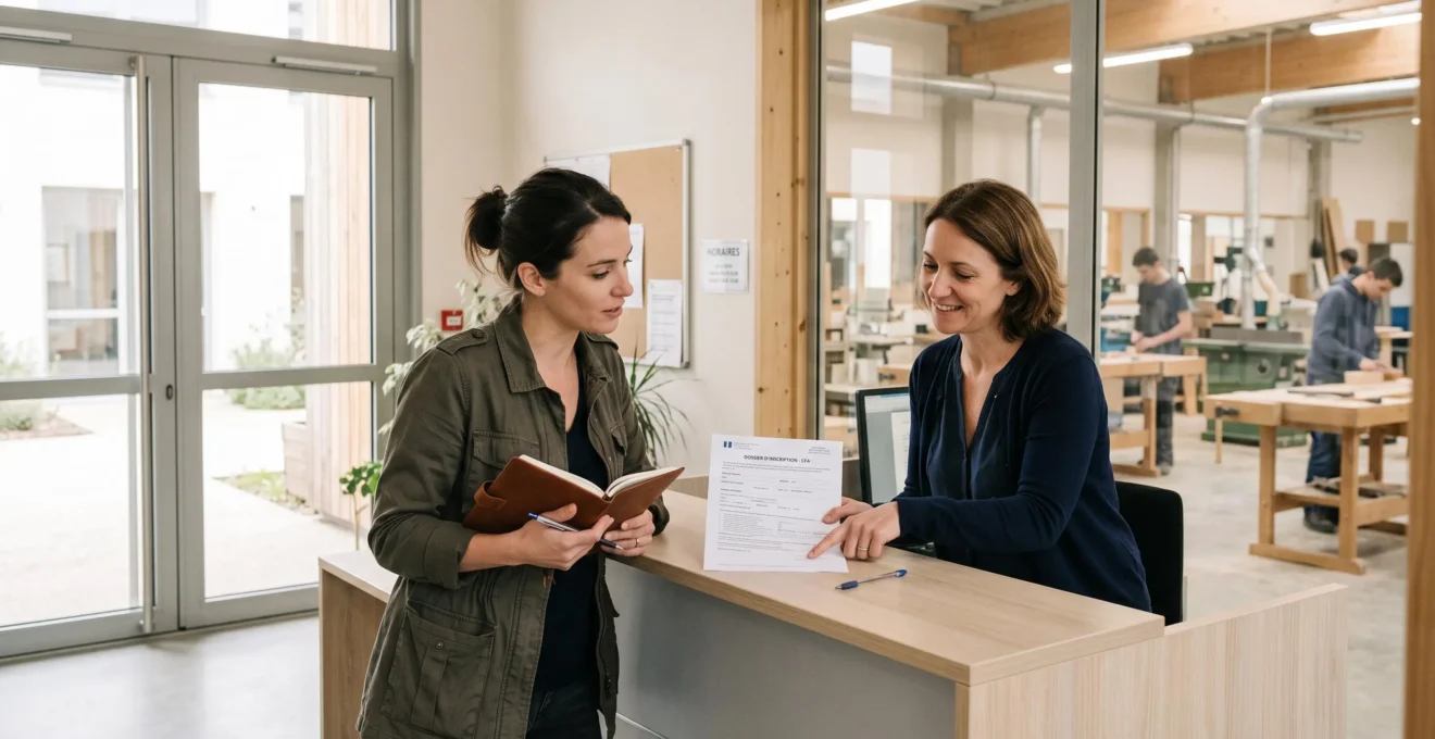 Une visiteuse échange avec une employée à l'accueil d'un centre de formation professionnelle, un document posé sur le comptoir.
